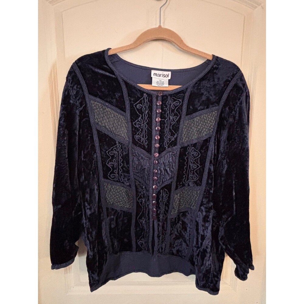 Marisol Navy Blue Crushed Velvet Top Women’s 2X Romantic Boho WhimsyGoth Glam